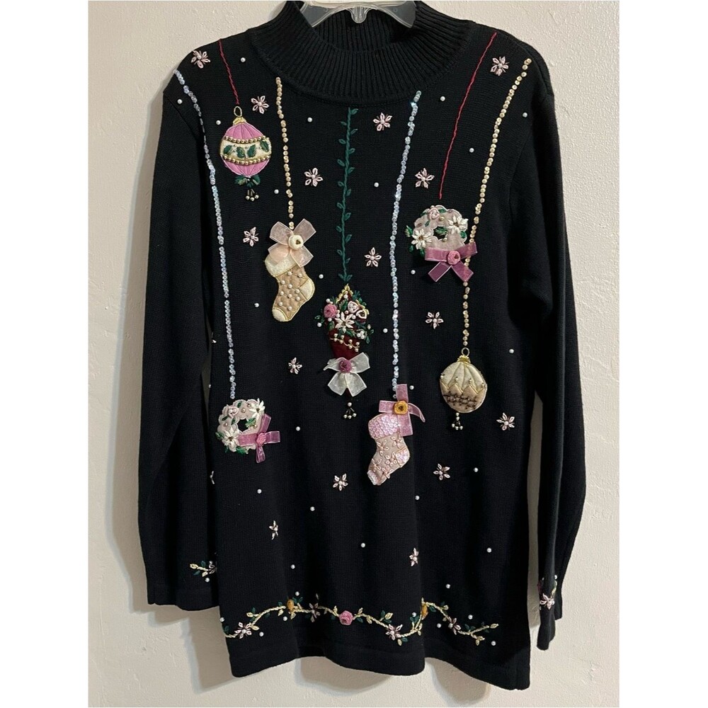 Black Knit Christmas Holiday Sweater - Elegant Embroidered Design